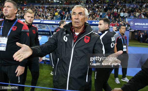Coach of Albania Edoardo Reja complains about the national anthem mix-up during the UEFA Euro 2020 qualifier match between France and Albania at...