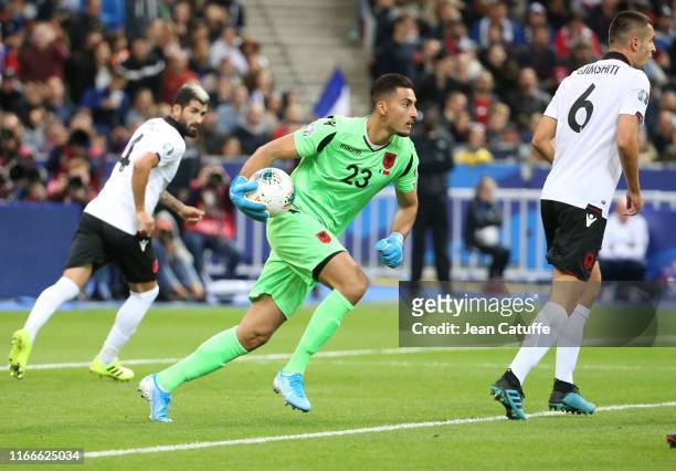 Goalkeeper of Albania Thomas Strakosha holds the ball during the UEFA Euro 2020 qualifier match between France and Albania at Stade de France on...