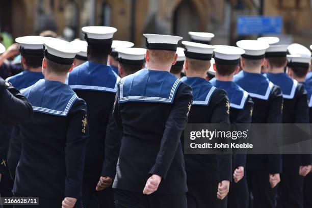 Crew members from HMS Westminster parade at Horse Guards Parade as they exercise their "Freedom of the City" on August 07, 2019 in London, England....
