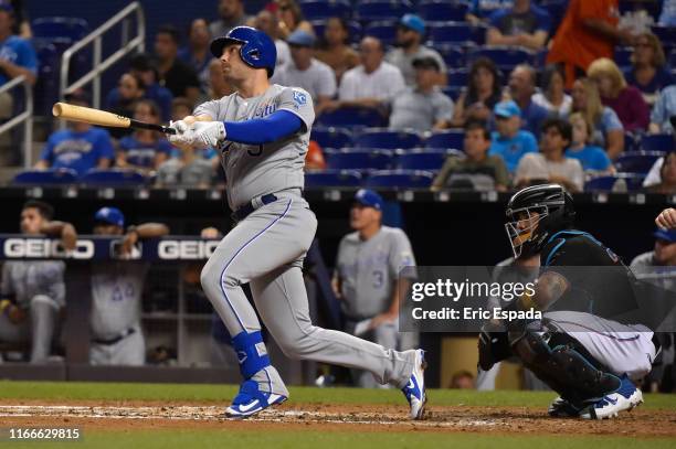 Ryan McBroom of the Kansas City Royals hits a double in the fourth inning against the Miami Marlins at Marlins Park on September 7, 2019 in Miami,...