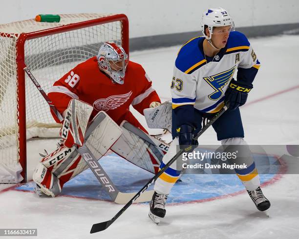 Austin Poganski of the St. Louis Blues sets up in front of Sean Romeo of the Detroit Red Wings during Day-2 of the NHL Prospects Tournament at Centre...
