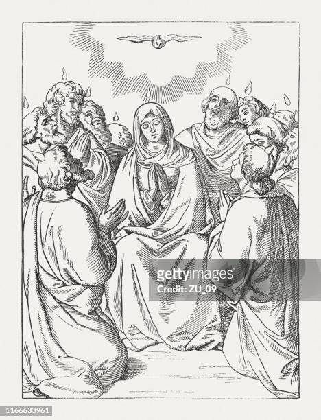 descent of the holy spirit (acts 2), woodcut, published 1850 - pentecost stock illustrations