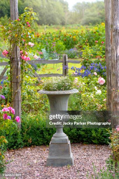 close-up image of a concrete rustic garden planter in an english cottage garden with soft pink roses - cottage garden stock pictures, royalty-free photos & images