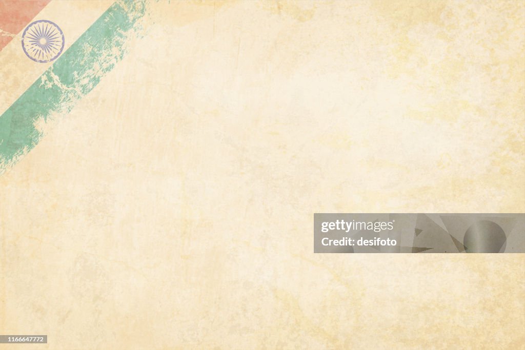Tricolor postcard - A grunge horizontal vector illustration of triangular Indian National Flag, three colored horizontal bands of saffron or orange, white and green colors, over off white background