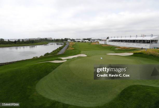 General view of the 18th green during a practice round of The Northern Trust at Liberty National Golf Club on August 07, 2019 in Jersey City, New...