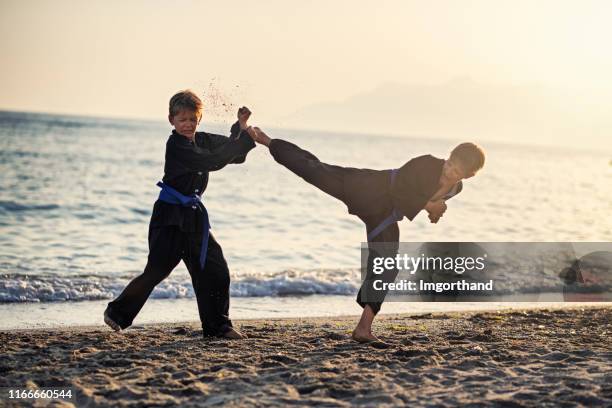 piccoli ragazzi del kung fu che praticano arti marziali sulla spiaggia - kung fu foto e immagini stock