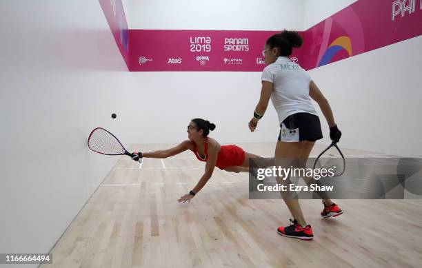 María José Vargas of Argentina returns a shot to Paola Longoria of Mexico during their women's final racquetball match on Day 12 of Lima 2019 Pan...