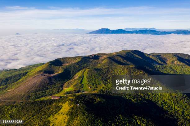 high angle view of kusatsu-shirane mount in gunma, japan - gunma prefecture imagens e fotografias de stock