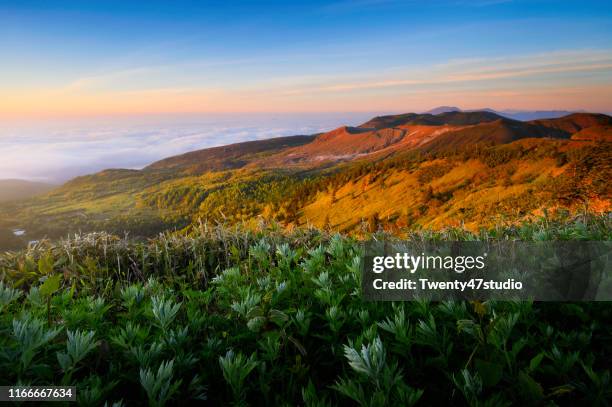 beautiful landscape view of mount shirane at japan's highest national highway point in gunma, japan - gunma stock pictures, royalty-free photos & images