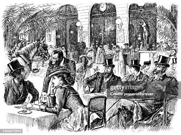 people having breakfast at a cafe in paris, france - 19th century - france cafe stock illustrations