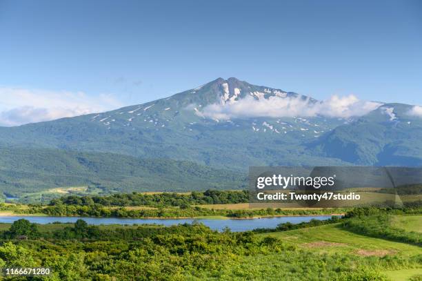 mount chokai view active volcano height 2236m located on akita and yamagata border in japan - yamagata prefecture foto e immagini stock