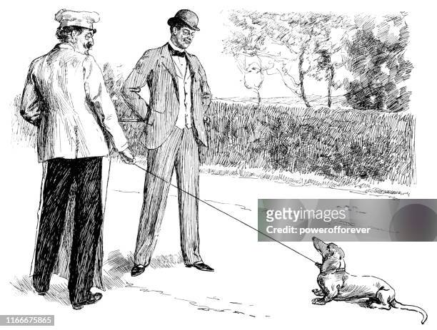 ilustrações, clipart, desenhos animados e ícones de dois homens que andam um cão em londres, inglaterra-19o século - stubborn