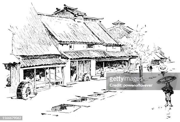 ilustrações, clipart, desenhos animados e ícones de a vila de hase na prefeitura de nagano, japão-era meiji século xix - vista da cidade