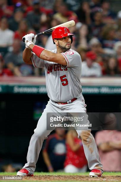 Albert Pujols of the Los Angeles Angels of Anaheim bats against the Cleveland Indians in the ninth inning at Progressive Field on August 2, 2019 in...