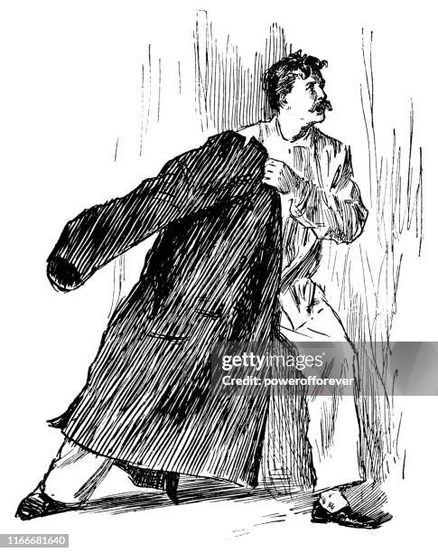 man in pyjamas putting on overcoat - 19th century - man getting dressed stock illustrations