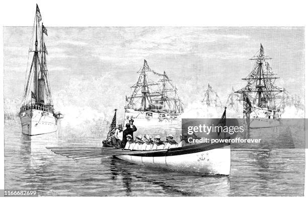 presidential (21-gun) salute by tall ships off the east coast of the united states - 19th century - us navy stock illustrations