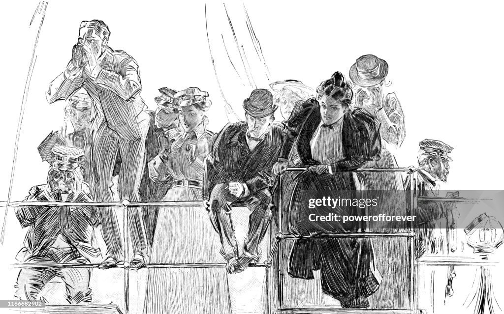 People Aboard Ship Cheering at the Harvard-Yale Boat Race on the Thames River in New London, Connecticut, United States - 19th Century