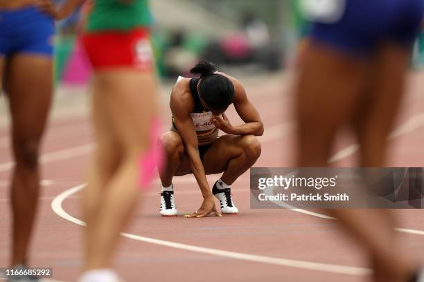 Anastassia Le-Roy of Jamaica reacts afterWomen's 400m Semifinal on Day 12 of Lima 2019 Pan American Games at Athletics Stadium of Villa Deportiva...