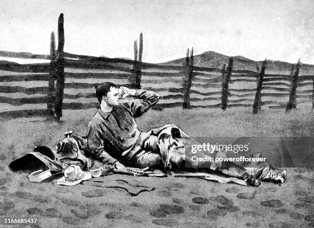 cowboy waking up on the plains of arizona, united states - 19th century - rubbing eyes stock illustrations