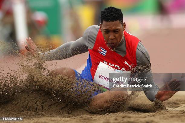 Juan Miguel Echeverria of Cuba competes in Men's Long Jump Final on Day 12 of Lima 2019 Pan American Games at Athletics Stadium of Villa Deportiva...