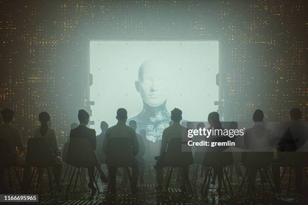 futuristische cyborg religie en controle - religieuze apparatuur stockfoto's en -beelden