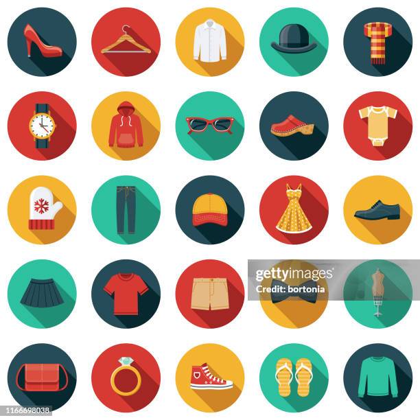 ilustraciones, imágenes clip art, dibujos animados e iconos de stock de conjunto de iconos de ropa y accesorios - vestido