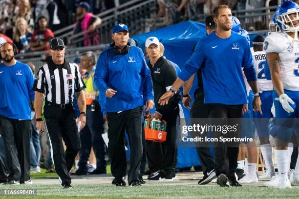 Buffalo Bulls Head Coach Lance Leipold walks the sideline during the first half of the game between the Buffalo Bulls and the Penn State Nittany...