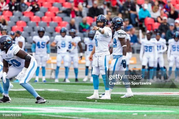 Toronto Argonauts quarterback McLeod Bethel-Thompson play calls before the snap during Canadian Football League action between the Toronto Argonauts...