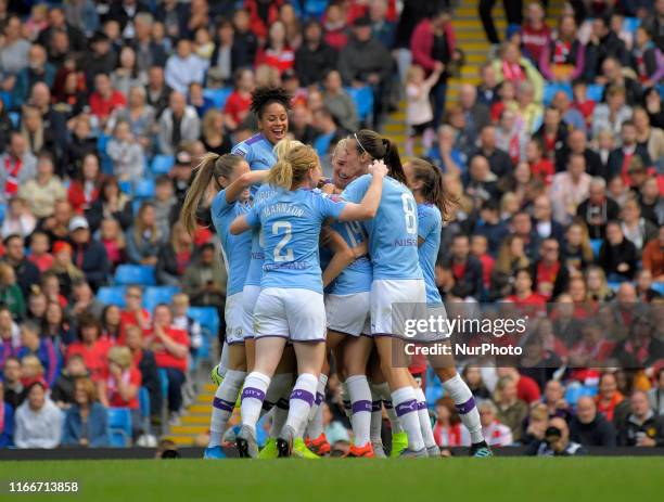 Manchester City celebrate their goal during English FA Women's Super League match between Manchester City and Manchester United at City of Manchester...