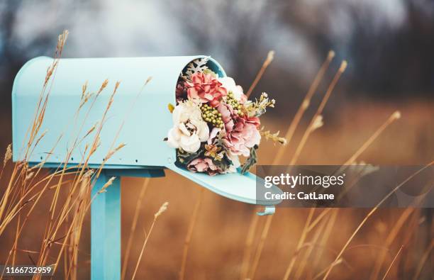 buzón de teal pastel con ramo de flores - bunch fotografías e imágenes de stock