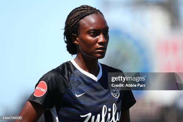 Ifeoma Onumonu of Seattle Reign FC looks on against the Chicago Red Stars in the second half during their game at Cheney Stadium on July 28, 2019 in...