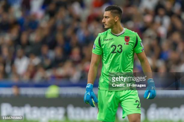 Goalkeeper Thomas Strakosha of Albania looks on during the UEFA Euro 2020 qualifier match between France and Albania at Stade de France on September...