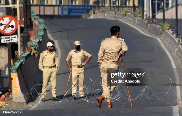 Indian paramilitary soldiers keep guard in Srinagar, Kashmir on September 08, 2019. Government imposed strict curfew like restrictions in parts of...