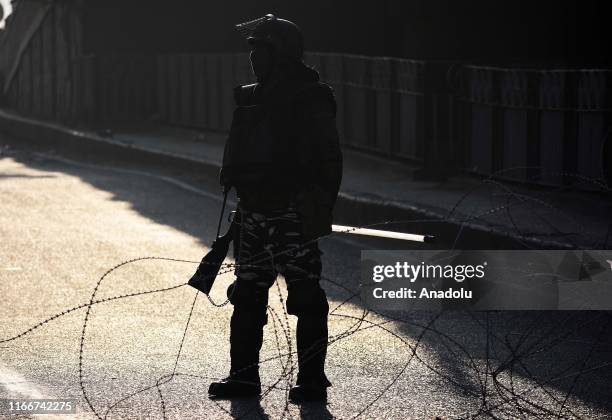 Indian paramilitary soldiers keep guard in Srinagar, Kashmir on September 08, 2019. Government imposed strict curfew like restrictions in parts of...