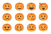 Cute cartoon style carved Halloween pumpkin faces with different expression emoticon icon vectors set