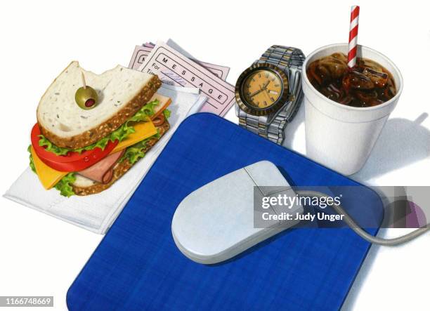 sandwich, soda, and mouse pad - deli turkey stock illustrations