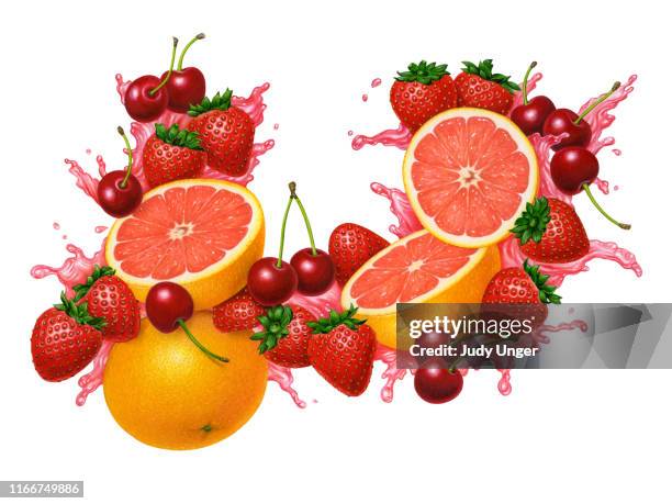 ilustrações, clipart, desenhos animados e ícones de strawberry & cherry splash - pomelo rosa