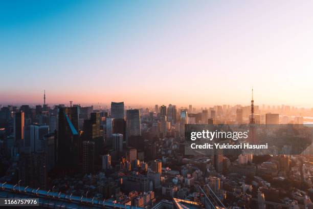 tokyo skyline at dawn - japan sunrise stockfoto's en -beelden