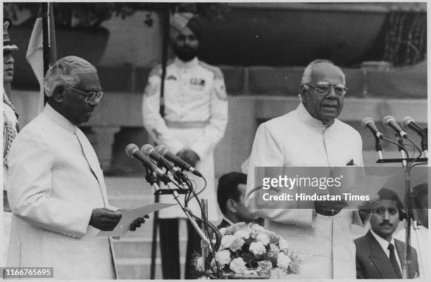 The President KR Narayanan administering the oath of office of Cabinet Minister to Ram Jethmalani in New Delhi. One of Indias most famous lawyers and...