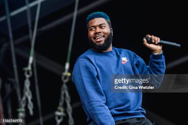 American singer Khalid performs live on stage during the second day of the Lollapalooza Berlin music festival at Olympiagelände on September 8, 2019...