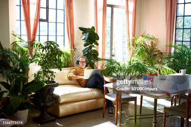 mature man using laptop and wearing headphones - cool house stock pictures, royalty-free photos & images