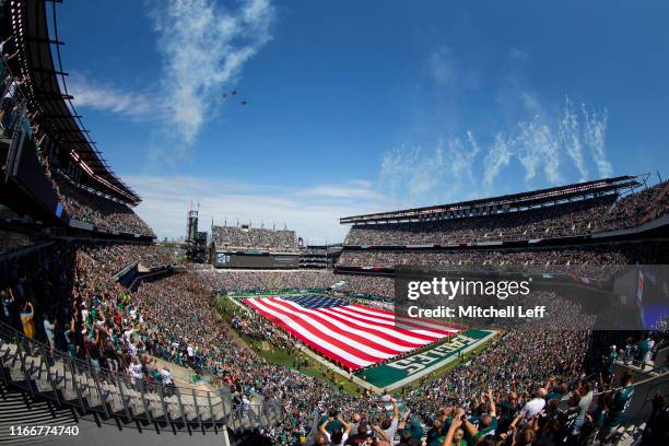 General view of Lincoln Financial Field during the national anthem prior to the game between the Washington Redskins and Philadelphia Eagles on...