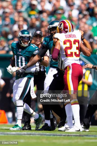 DeSean Jackson of the Philadelphia Eagles gets into an altercation with Quinton Dunbar of the Washington Redskins in the first quarter at Lincoln...