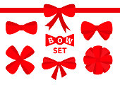Red ribbon Christmas bow Big icon set. Decoration element for giftbox present. White background. Isolated. Flat design.