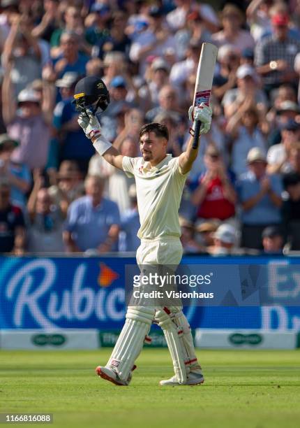 Rory Burns of England celebrates reaching his century during day two of the first Ashes test match at Edgbaston on August 2, 2019 in Birmingham,...