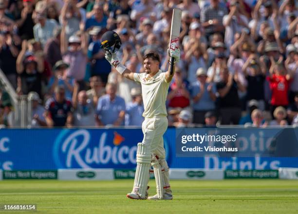 Rory Burns of England celebrates reaching his century during day two of the first Ashes test match at Edgbaston on August 2, 2019 in Birmingham,...