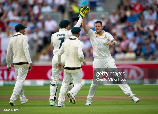 James Pattinson of Australia celebrates taking a wicket during day two of the first Ashes test match at Edgbaston on August 2, 2019 in Birmingham,...