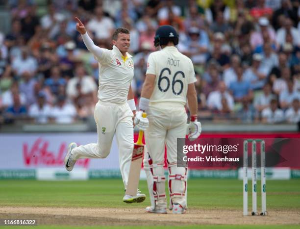 Peter Siddle of Australia celebrates taking the wicket of Joe Root of England during day two of the first Ashes test match at Edgbaston on August 2,...