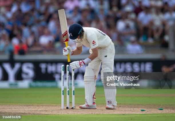 Joe Root of England puts the stumps back in to the ground during day two of the first Ashes test match at Edgbaston on August 2, 2019 in Birmingham,...