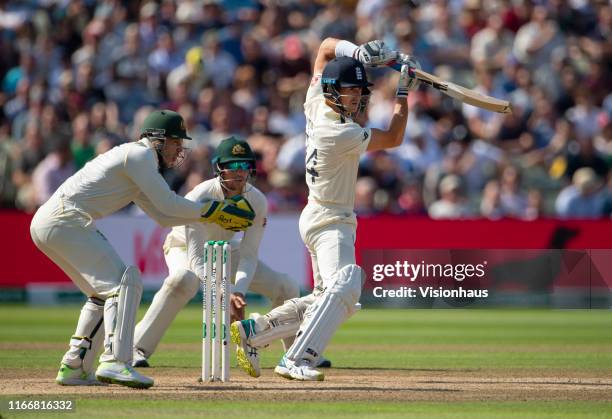 Joe Denly of England batting with Tim Paine of Australia keeping wicket during day two of the first Ashes test match at Edgbaston on August 2, 2019...